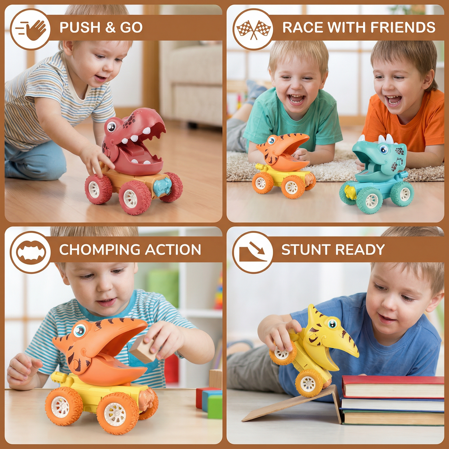 Dinosaur Monster Truck with Push Forward Motion and Sturdy Rolling Wheels