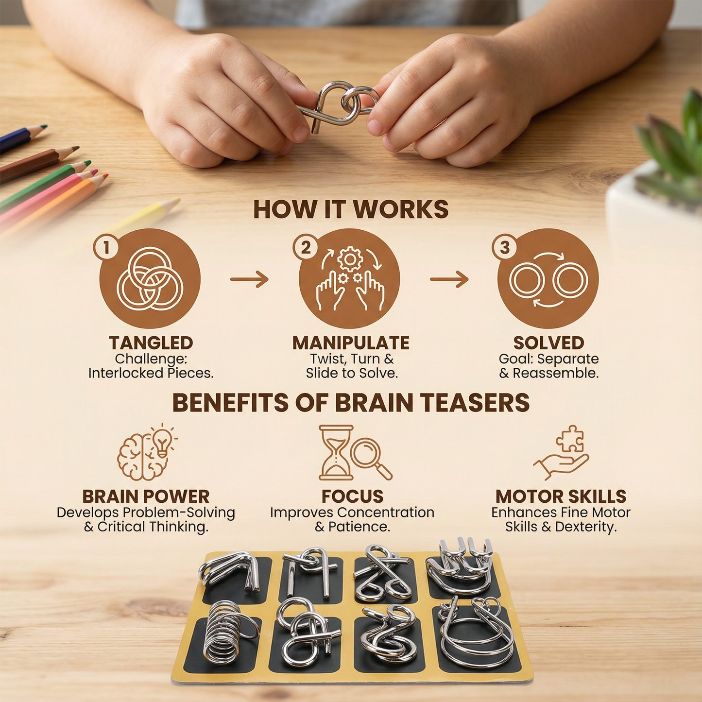 Metal Brain Teaser Puzzle Set with 36 Designs and Varying Difficulty Levels