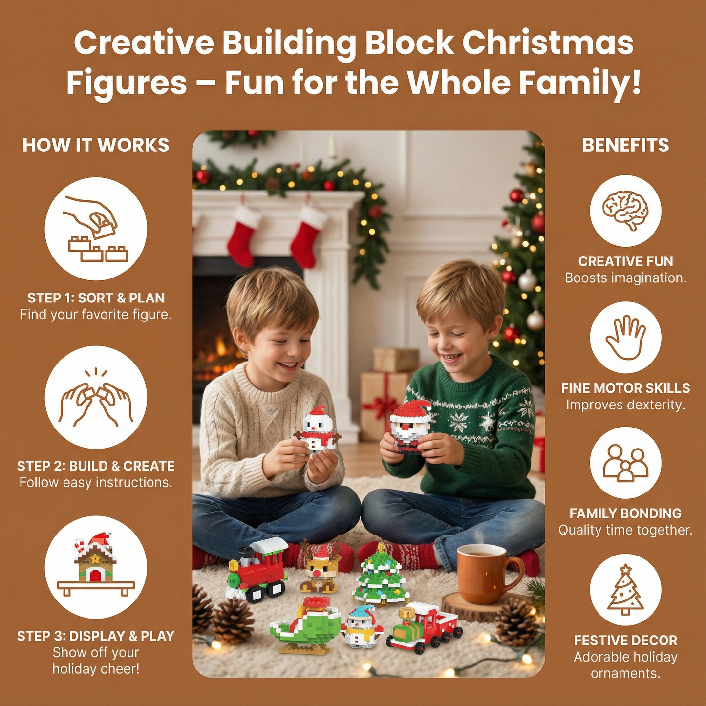 Block Assembly Christmas Figures with Snap Together Pieces and Step Instructions