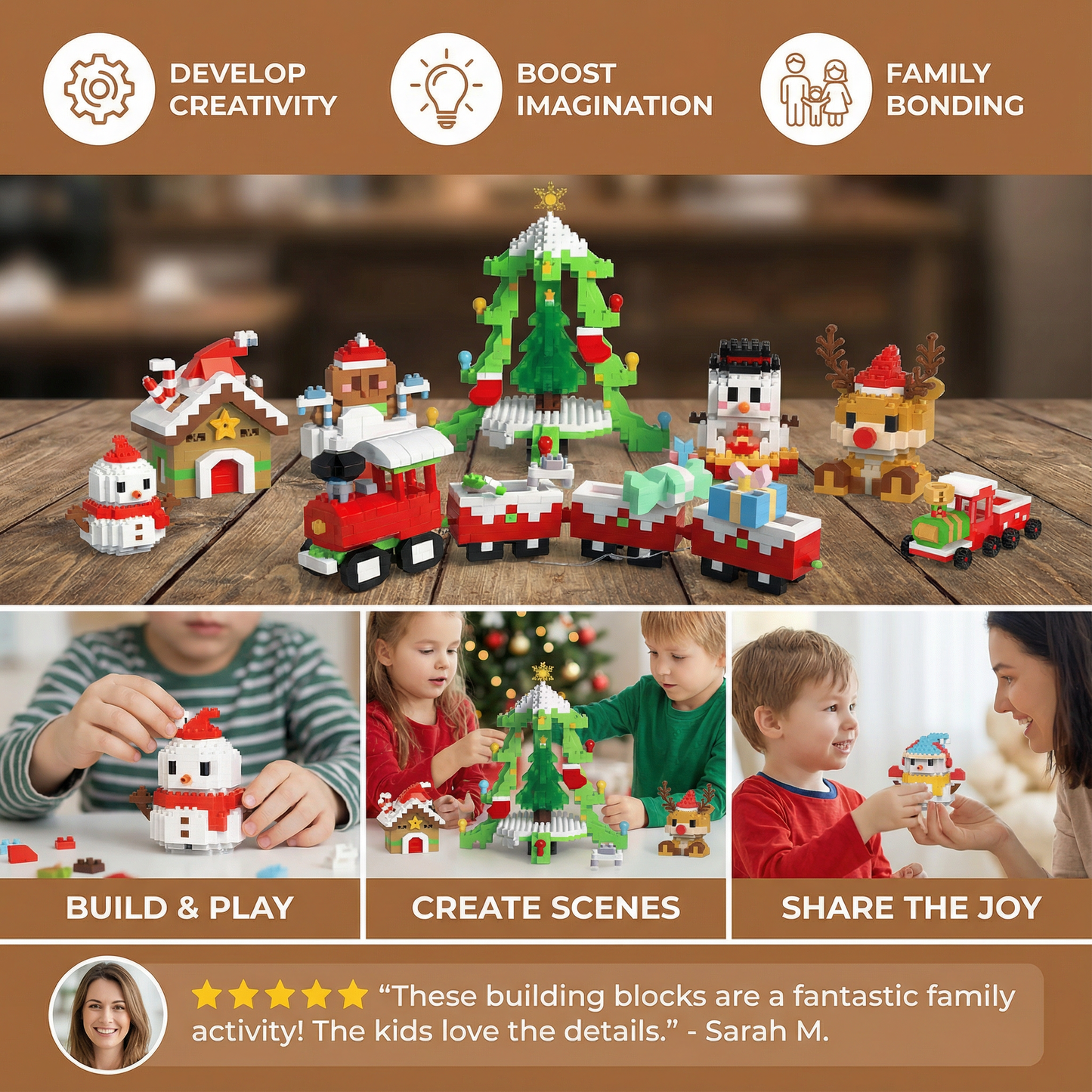 Block Assembly Christmas Figures with Snap Together Pieces and Step Instructions