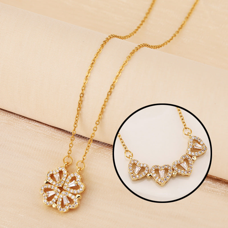 Four Heart Clover Pendant with Adjustable Chain and Preserved Roses